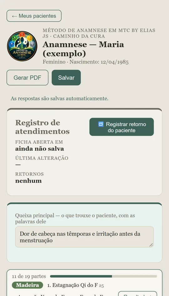 Ficha com PDF, registro de atendimentos e queixa principal
